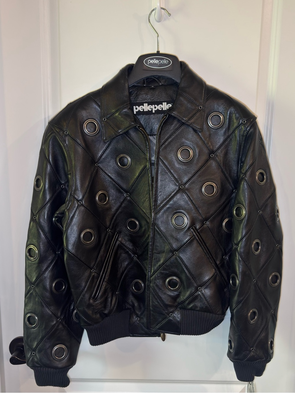 Pelle Pelle Quilted Black Leather Grommet Detail Jacket